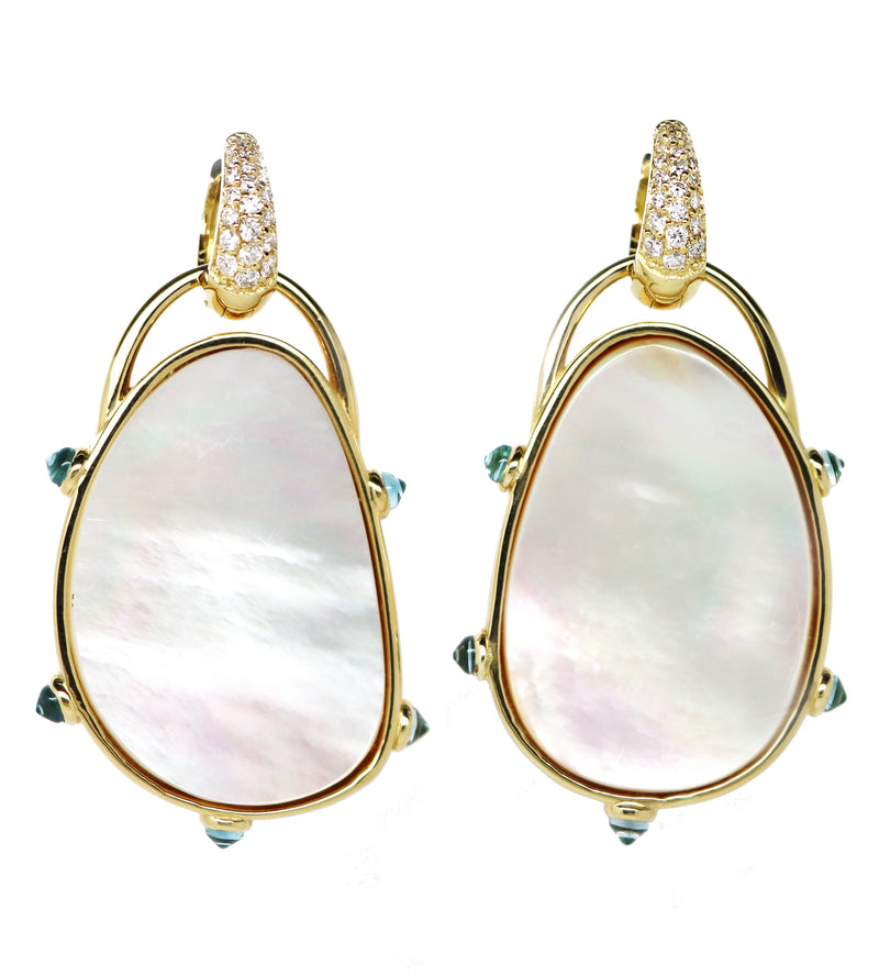 18 karat gold Mother of Pearl, Diamond and Blue Topaz earrings by fine jewelry designer Maviada