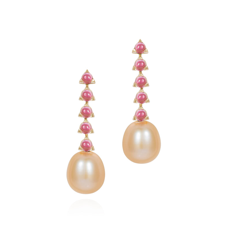 18 karat gold pink tourmaline and baroque pearls drop earrings by fine jewelry designer Maviada