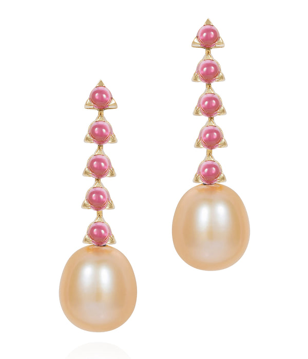 18 karat gold pink tourmaline and baroque pearls drop earrings by fine jewelry designer Maviada