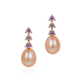 18 karat gold Amethyst and Light Pink Baroque Pearls drop earrings by fine jewelry designer Maviada