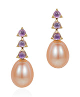 18 karat gold Amethyst and Light Pink Baroque Pearls drop earrings by fine jewelry designer Maviada