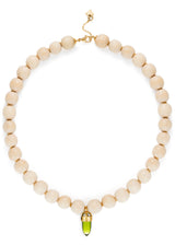18 karat gold, Sustainable Wood Bead Necklace with Green color Quartz, by fine jewelry designer Maviada