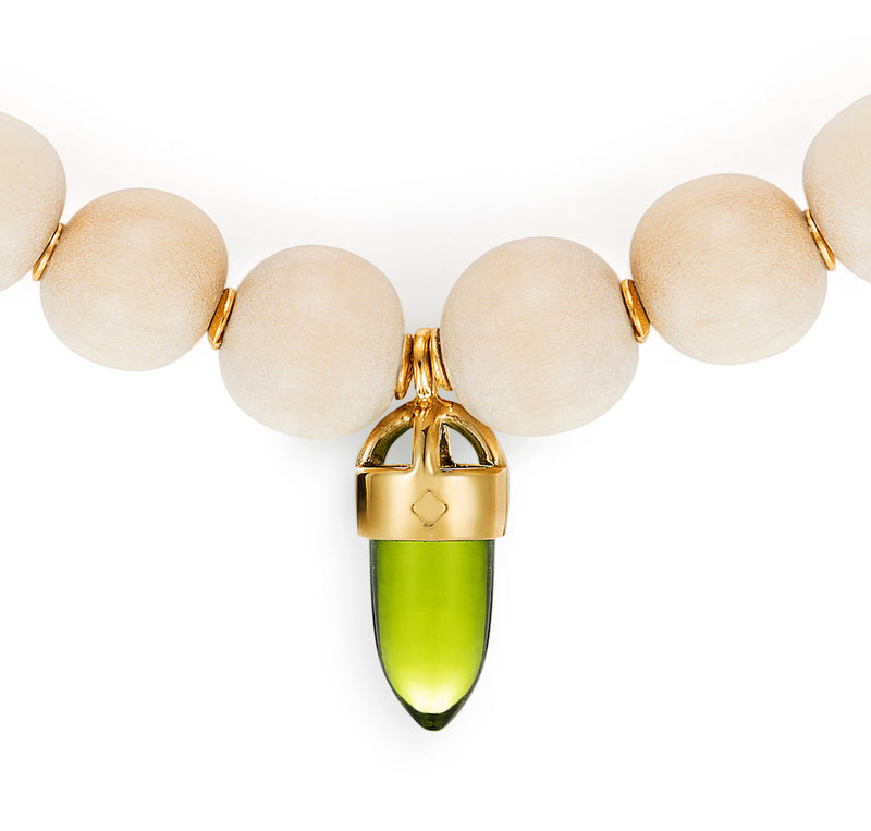 18 karat gold, Sustainable Wood Bead Necklace with Green color Quartz, by fine jewelry designer Maviada