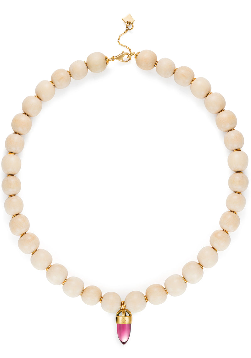 18 karat gold, Sustainable Wood Bead Necklace with Pink color Quartz, by fine jewelry designer Maviada