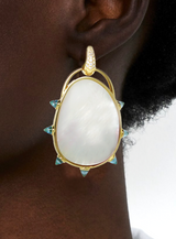 18 karat gold Mother of Pearl, Diamond and Blue Topaz large earrings by fine jewelry designer Maviada