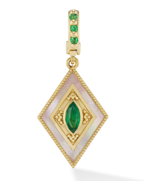 18 karat yellow gold Emerald and Mother of Pearl Ajna pendant by fine jewelry designer Orly Marcel