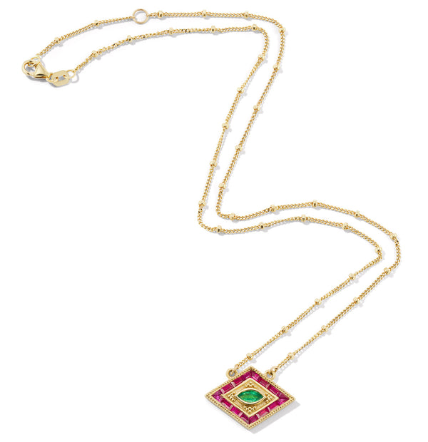 18 karat gold emerald and rubies necklace by fine jewelry designer Orly Marcel