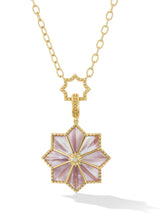 Pink mother of pearl and ruby sacred flower necklace by fine jewelry designer Orly Marcel