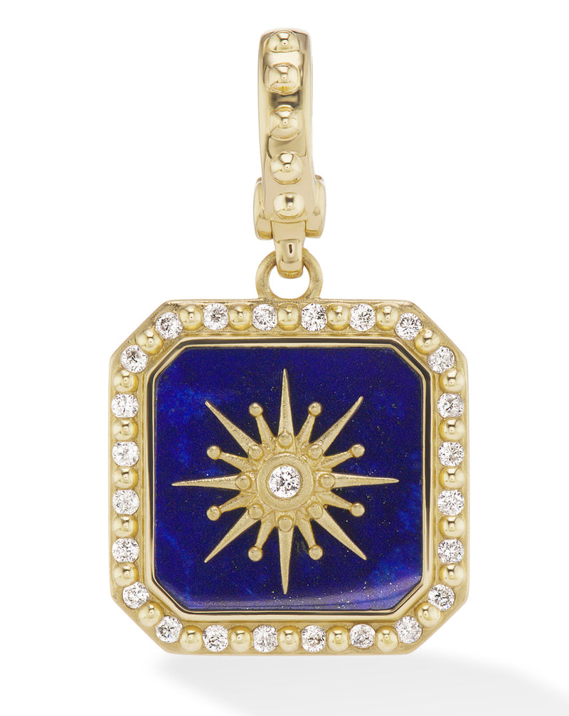 18 karat gold and diamond star charm pendant with blue lapis lazuli by fine jewelry designer Orly Marcel