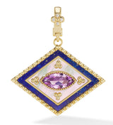18 karat gold amethyst, mother of pearl, diamond and lapis lazuli pendant by fine jewelry designer Orly Marcel