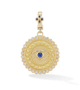 18 karat gold blue sapphire eveil eye pendant by spiritual fine jewelry designer Orly Marcel