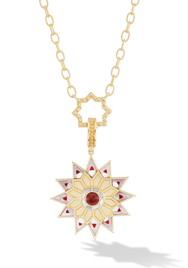 Carnelian and pink mother of pearl pendant with 24" gold chain