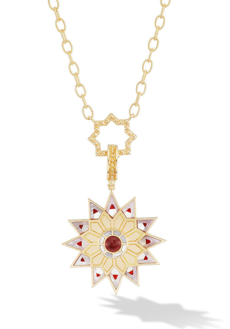 Carnelian and pink mother of pearl pendant with 24" gold chain