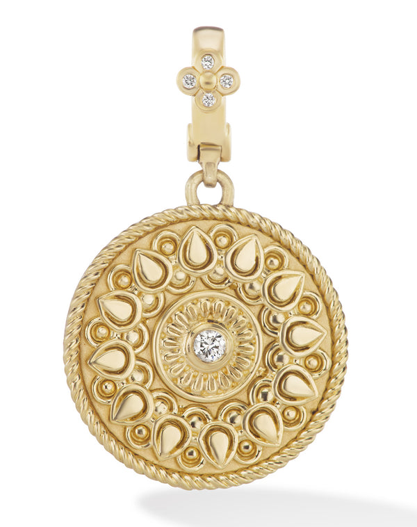 18 karat gold Mandala pendant with diamond by spiritual fine jewelry designer Orly Marcel. 