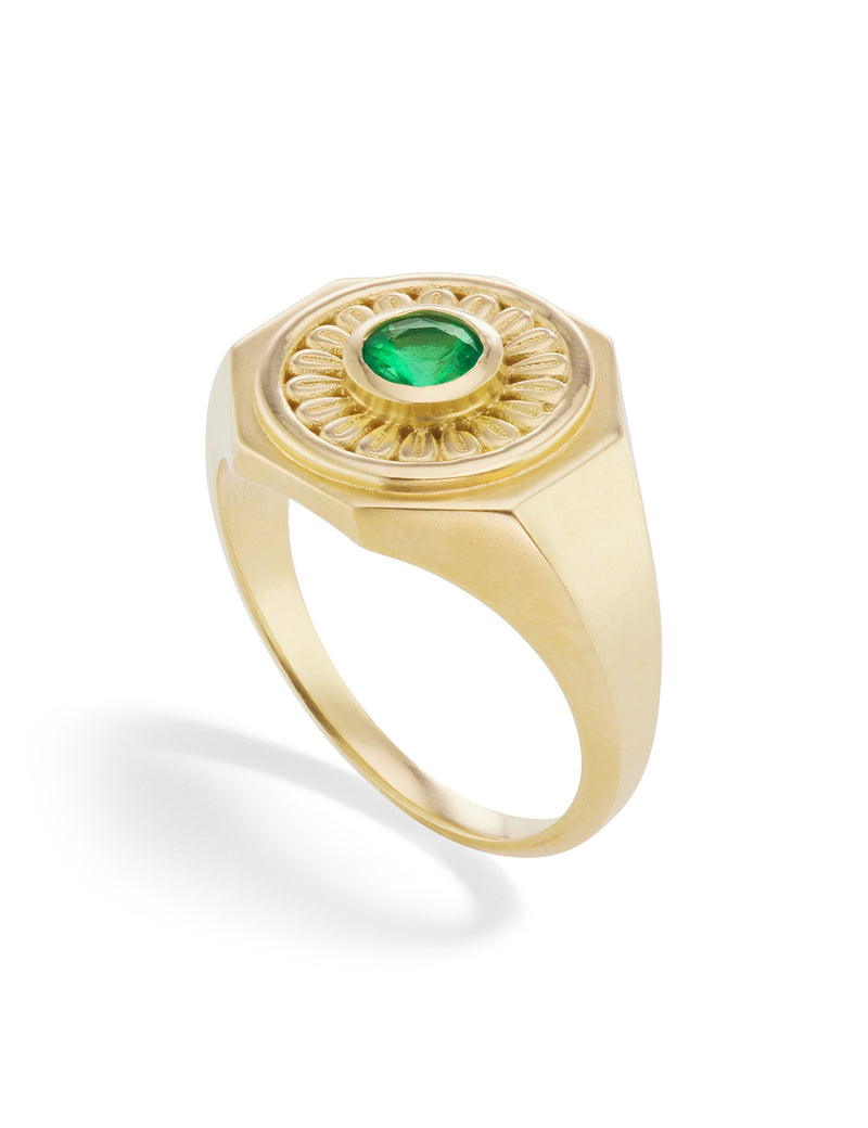 18 karat gold Mandala Emerald signet ring by fine jewelry designer Orly Marcel