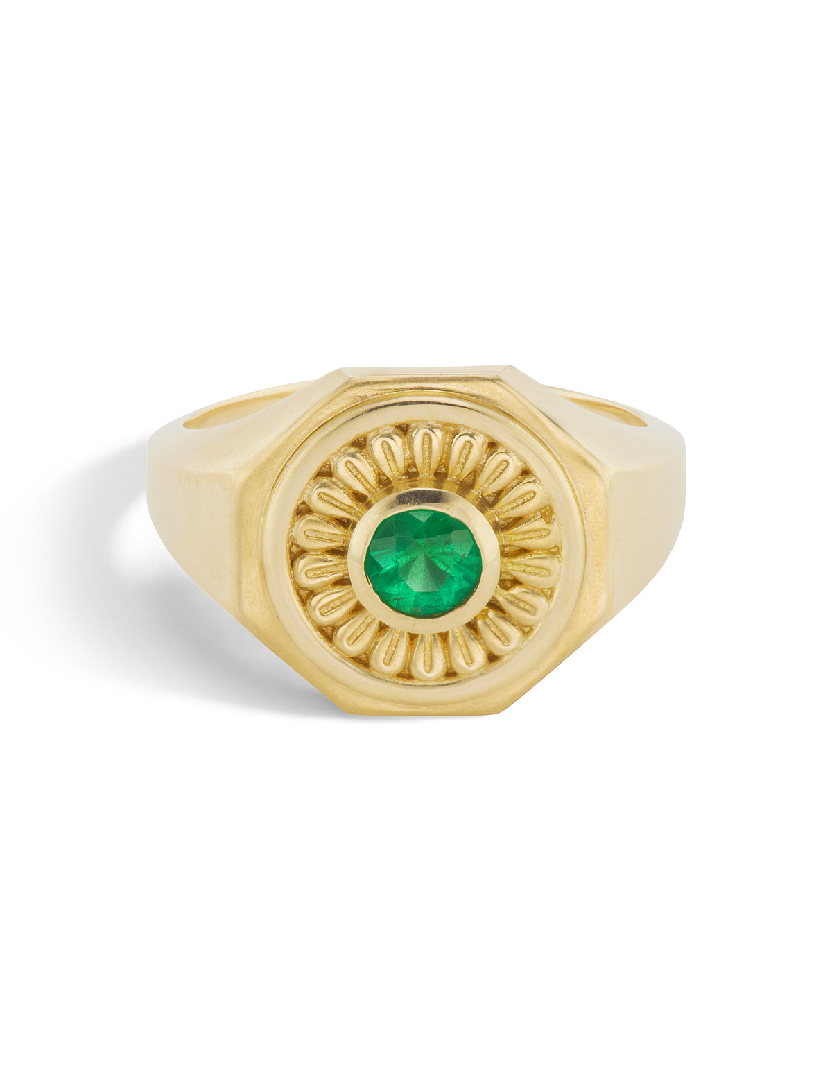 18 karat gold Mandala Emerald signet ring by fine jewelry designer Orly Marcel