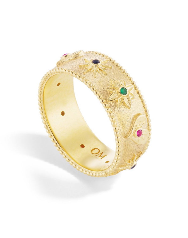 18 karat gold ring with emerald, ruby and blue sapphire by fine jewelry designer Orly Marcel