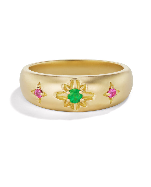 18 karat gold ring with emerald and pink sapphies by fine jewelry designer Orly Marcel 