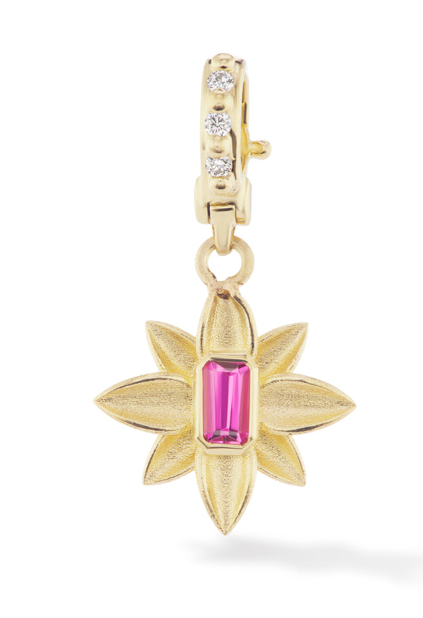 18 karat gold pink tourmaline and diamond pendant by fine jewelry designer Orly Marcel