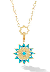 Turquoise and mother of pearl pendant with 24" gold chain by fine jewelry designer Orly Marcel