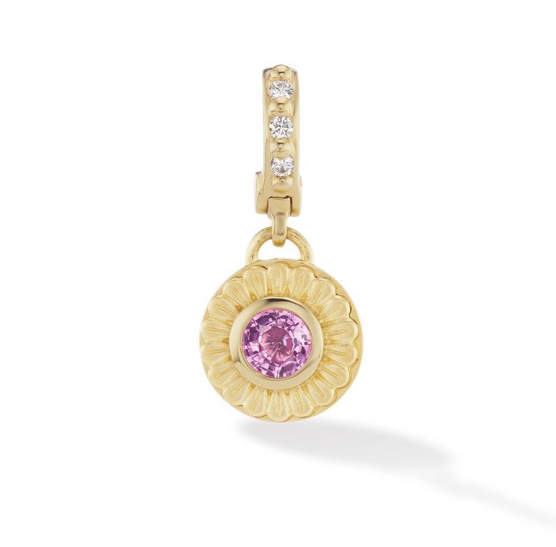 18 karat gold Mandala Pink Sapphire and diamond pendant by fine jewelry designer Orly Marcel