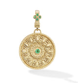 18 karat gold Mandala pendant with emerald by spiritual fine jewelry designer Orly Marcel. 