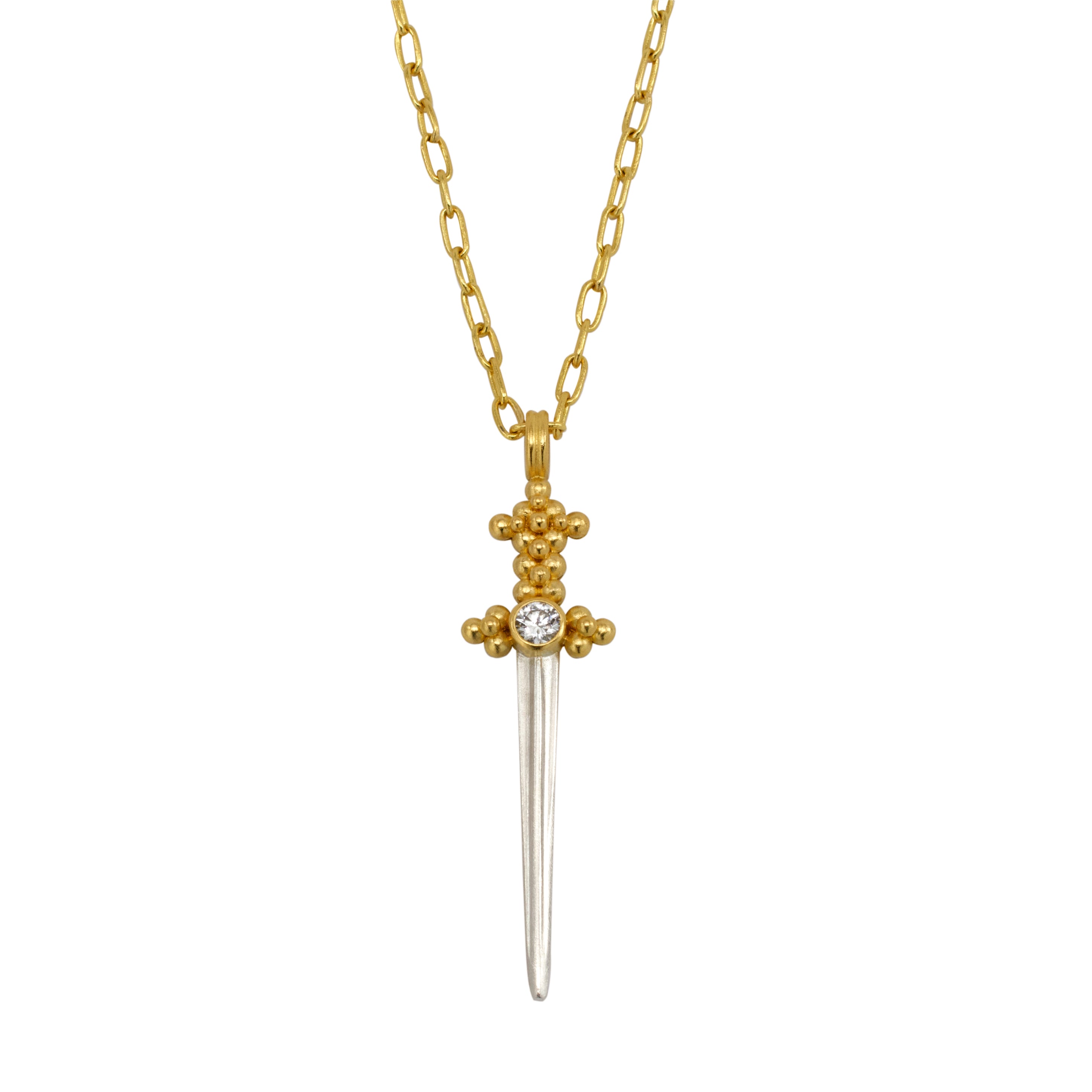 22 karat gold chain and sword necklace by fine jewelry designer Linda Hoj