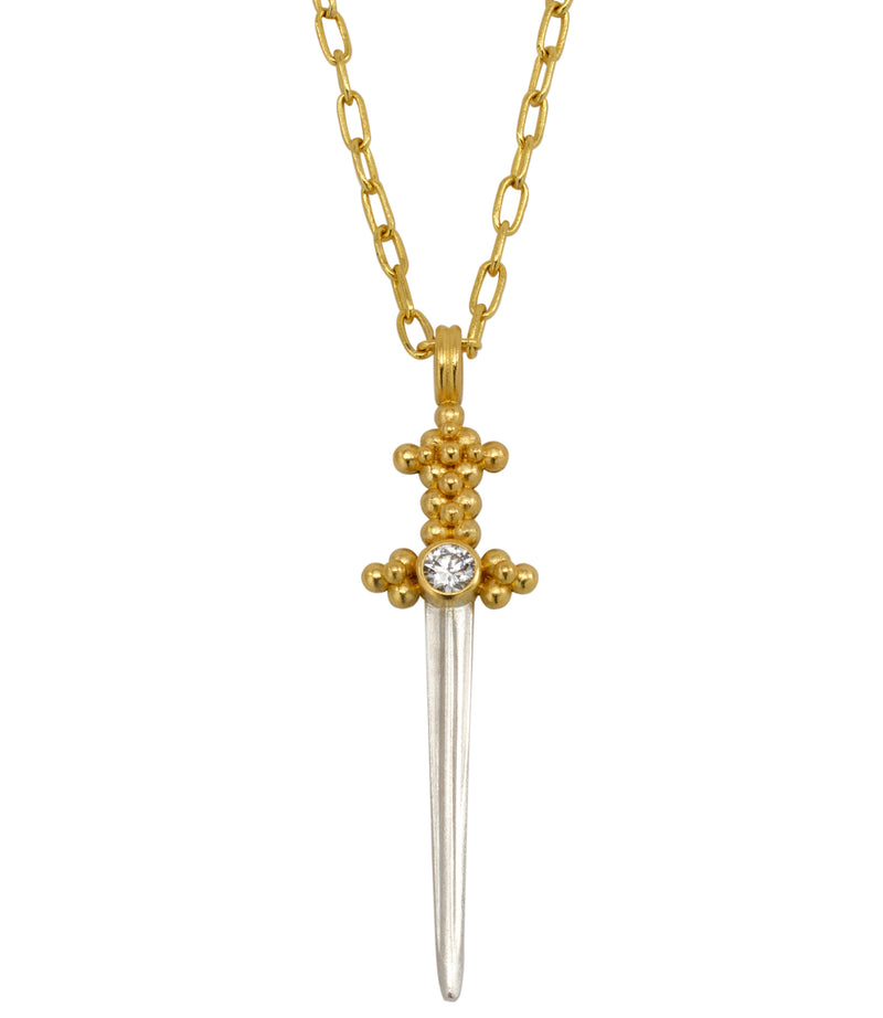 One of a kind 22 karat gold chain and diamond sword necklace by fine jewelry designer Linda Hoj