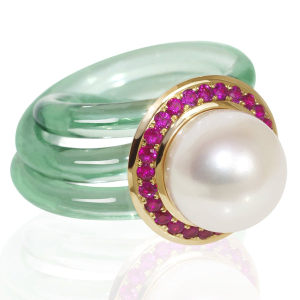 White pearl and ruby ring set in 18 karat gold by fine jewelry designer Monika Seitter