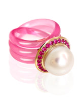 White large pearl and ruby ring set in 18 karat gold by fine jewelry designer Monika Seitter