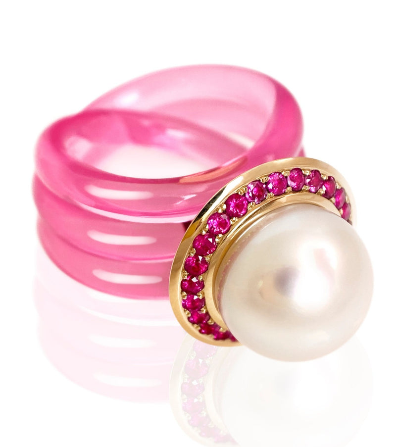 White Pearl and Ruby 18 karat gold ring by fine jewelry designer Monika Seitter