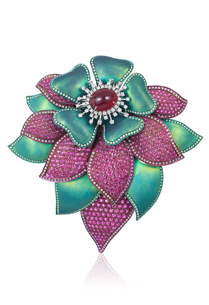 Titanium Ruby, Diamond and Sapphire brooch by American purveyor of haute joaillerie Andreoli