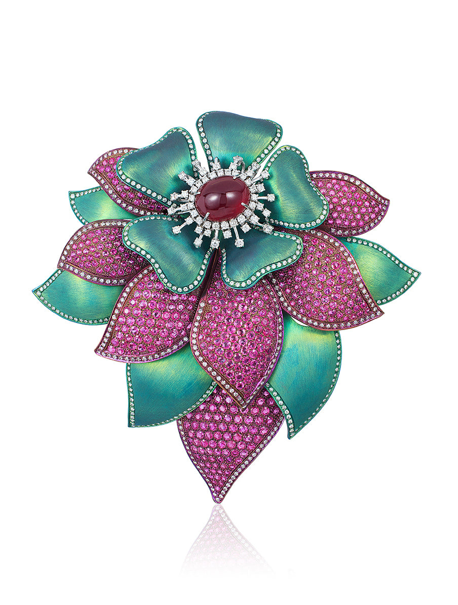 Titanium Ruby, Diamond and Sapphire brooch by American purveyor of haute joaillerie Andreoli