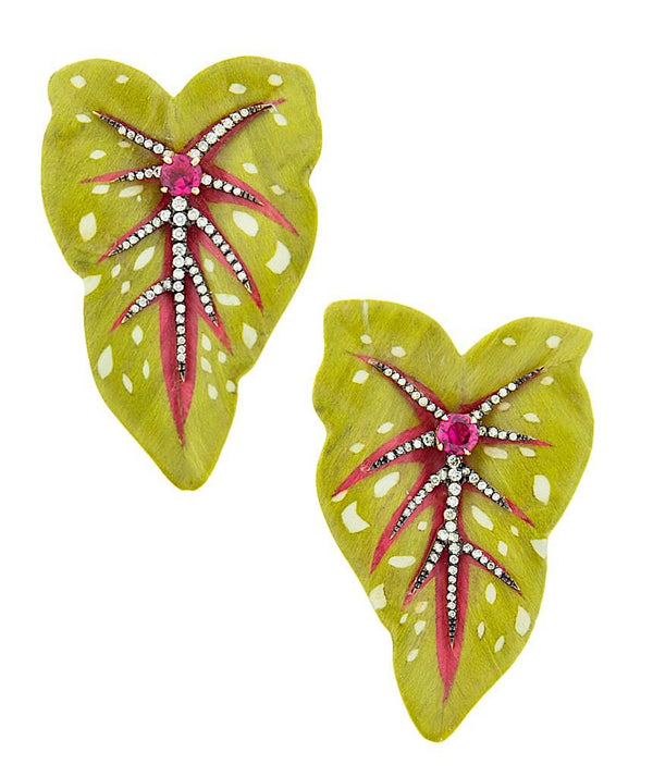 One of a kind, 18 karat rose gold, diamond, pink tourmaline leaf earrings by fine jewelry designer Silvia Furmanovich
