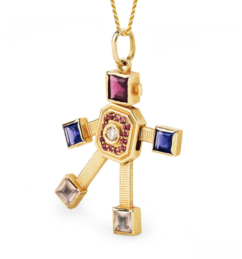 18 karat yellow gold articulated robot pendant by fine jewelry designer Tatiana Van Lancker