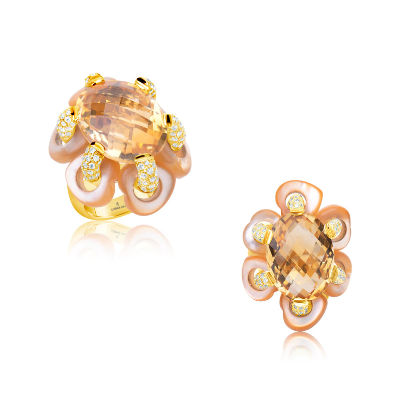 18 karat gold citrine and mother of pearl flower ring by American purveyor of haute joaillerie Andreoli
