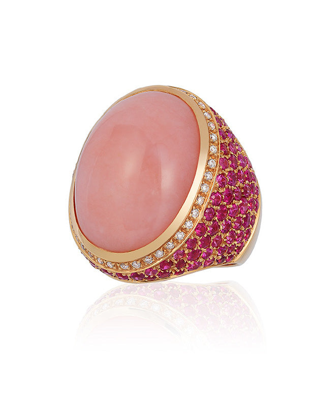 18 karat gold Rose Opal, diamond and sapphire ring by American purveyor of haute joaillerie Andreoli