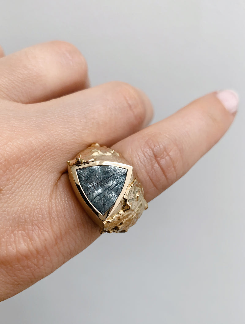 18 karat recycled gold and grey rutilated quartz ring by fine jewelry designer Capucine H