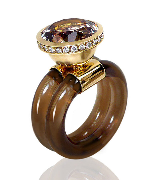 Smoky quartz and diamond ring set in 18 karat gold by fine jewelry designer Monika Seitter. 