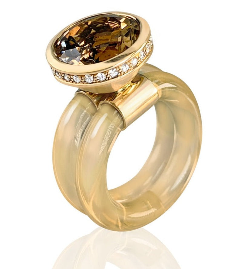Smoky quartz diamond ring set in 18 karat gold by fine jewelry designer Monika Seitter.