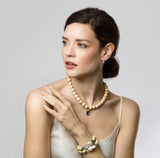 18 karat gold, Sustainable Wood Bead Necklace with Blue color Quartz, by fine jewelry designer Maviada