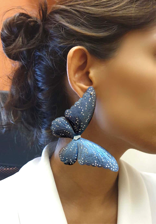 Blue Titanium Butterfly single earring with diamonds in 18 karat gold by fine jewelry designer ESTAA