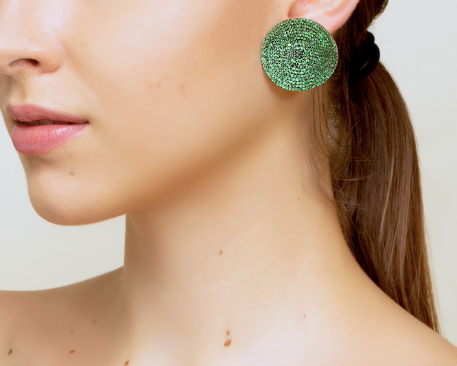 Tsavorite disc earrings by fine jewelry designer ESTAA, silver plated with 14 karat gold