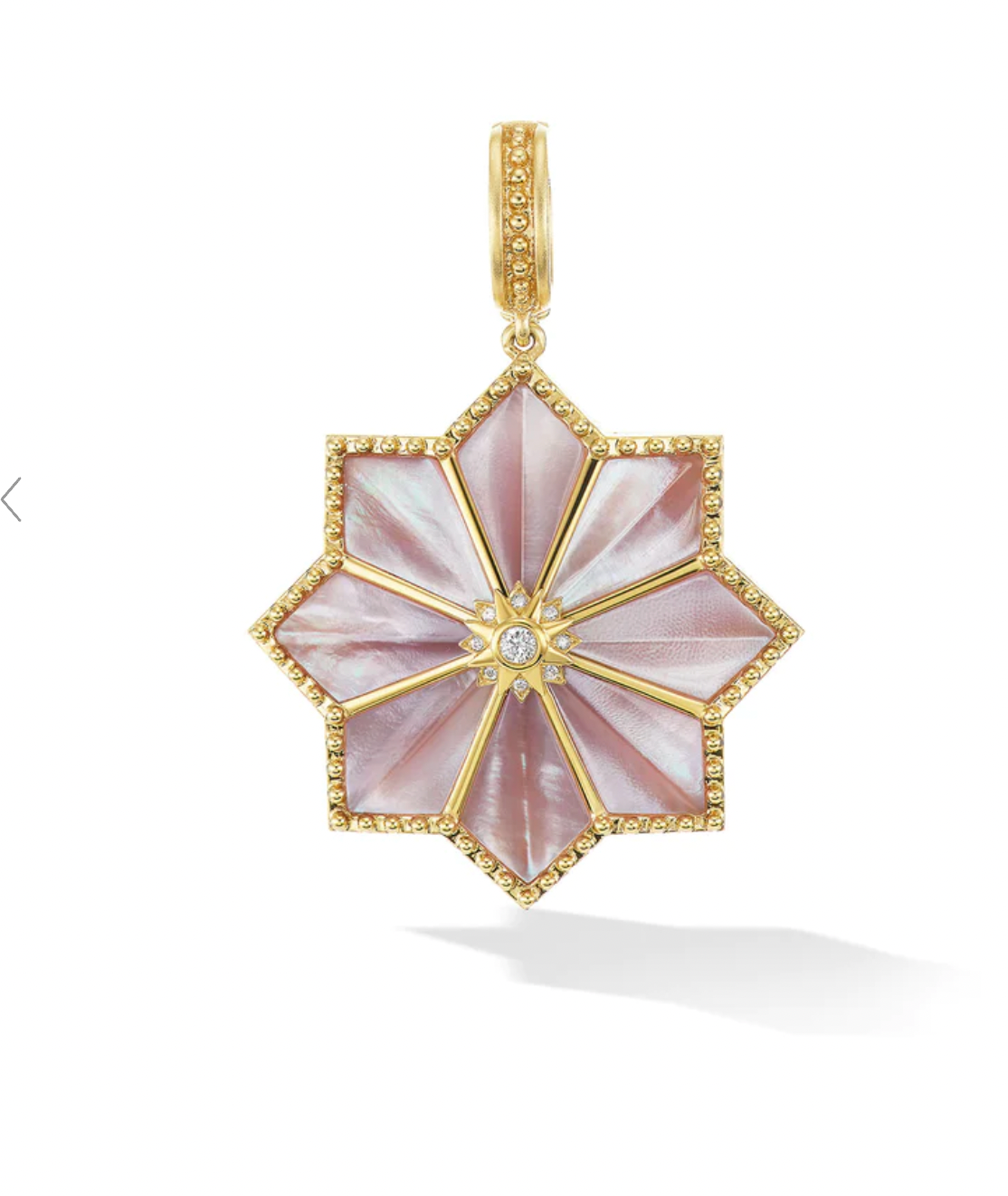 Pink mother of pearl Fez pendant with 24 inch gold chain by fine jewelry designer Orly Marcel