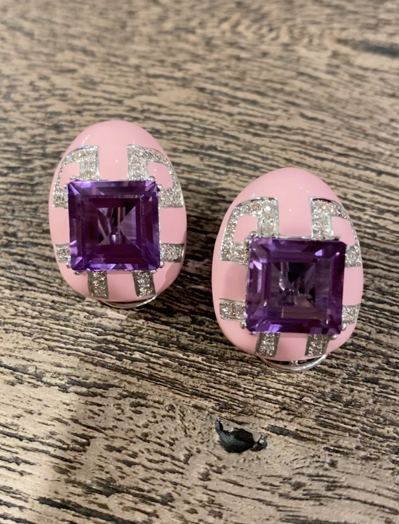 18 karat white gold amethyst and pink enamel stud earrings by fine jewelry house Andreoli