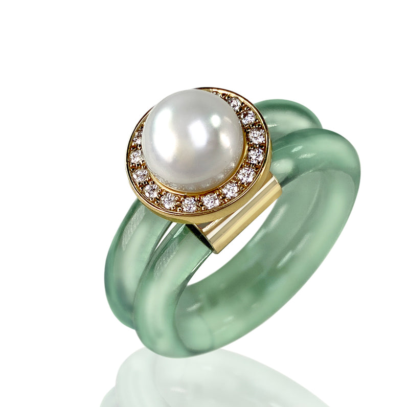 White pearl and diamond ring set in 18 karat gold by fine jewelry designer Monika Seitter