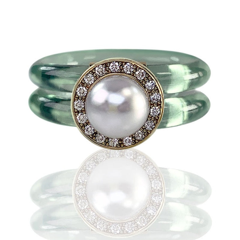 White pearl and diamond ring 18 karat gold by fine jewelry designer Monika Seitter.