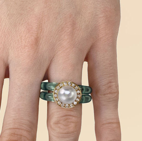 Pearl and diamond Sia ring, unique fine jewelry design by Monika Seitter