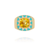 18 karat yellow gold blue topaz ring with diamonds and black enamel by fine jewelry house Van Den Abeele