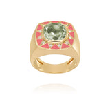 18 karat yellow gold green amethyst ring with diamonds and coral enamel by fine jewelry house Van Den Abeele